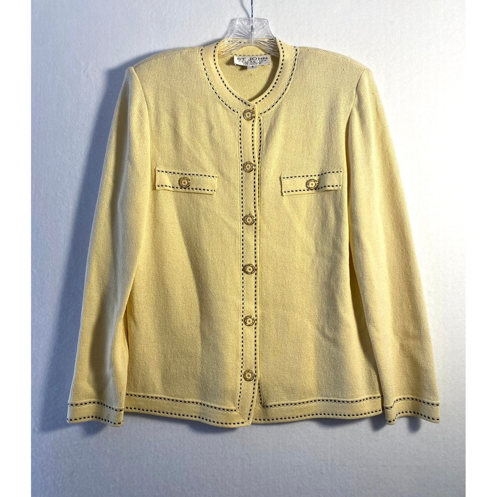 VTG St. John Collection Marie Gray Yellow Knit Cardigan Jacket Whipstitch Size 6